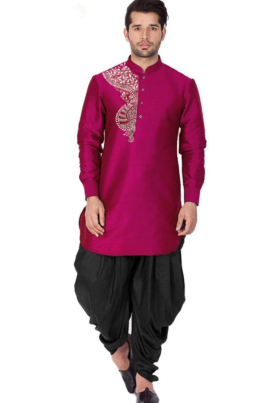 Embroidered Dupion Silk Kurta Set in Magenta