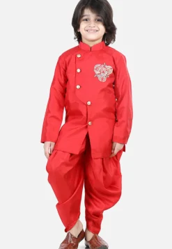 Embroidered Dupion Silk Kurta Set in Red