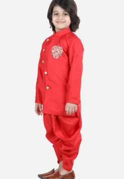 Embroidered Dupion Silk Kurta Set in Red