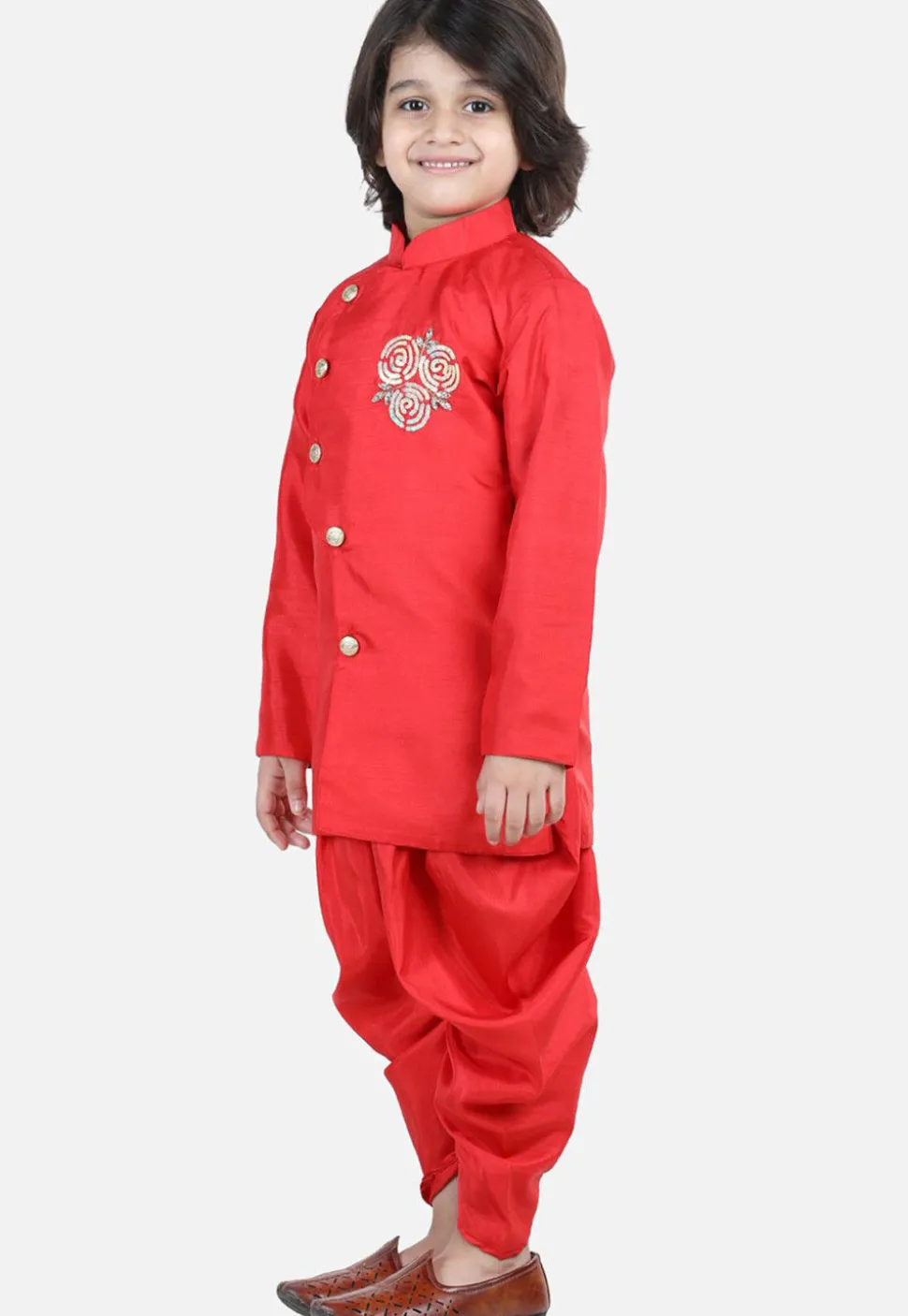 Embroidered Dupion Silk Kurta Set in Red