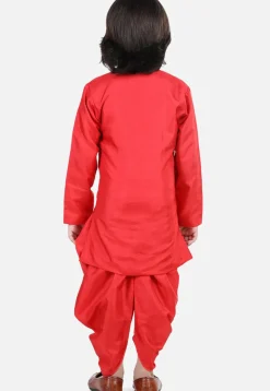 Embroidered Dupion Silk Kurta Set in Red