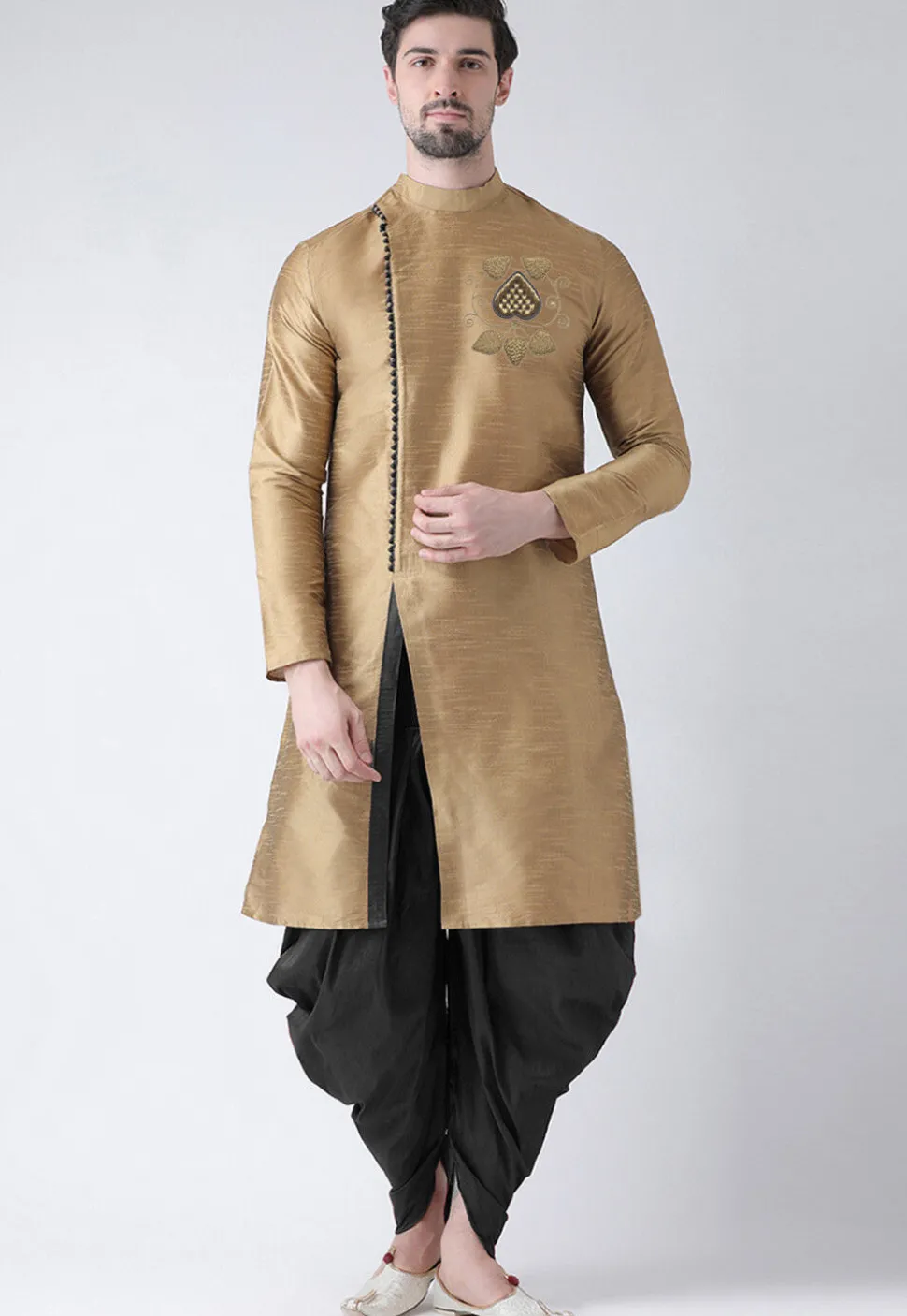 Embroidered Dupion Silk Kurta Set in Beige