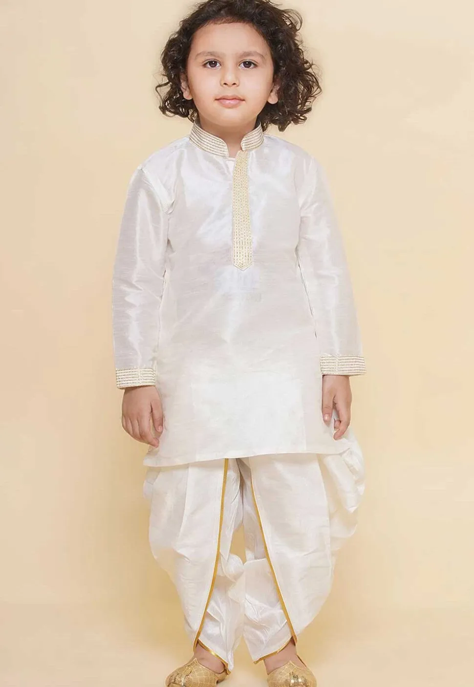 Embroidered Dupion Silk Kurta Set in Off White