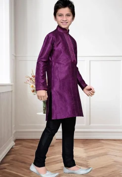 Embroidered Dupion Silk Kurta Set in Purple