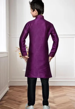 Embroidered Dupion Silk Kurta Set in Purple