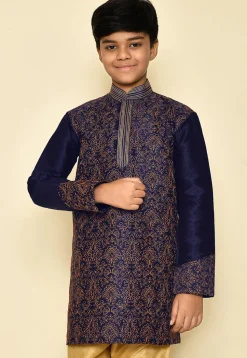 Embroidered Dupion Silk Kurta in Navy Blue