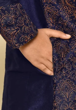 Embroidered Dupion Silk Kurta in Navy Blue