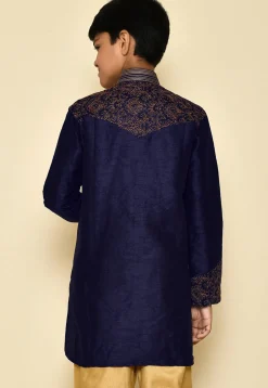Embroidered Dupion Silk Kurta in Navy Blue