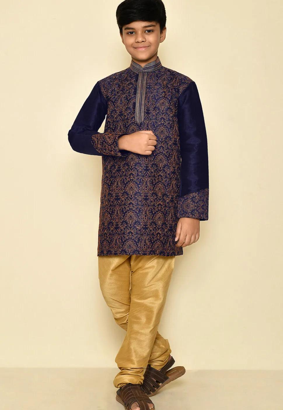 Embroidered Dupion Silk Kurta in Navy Blue