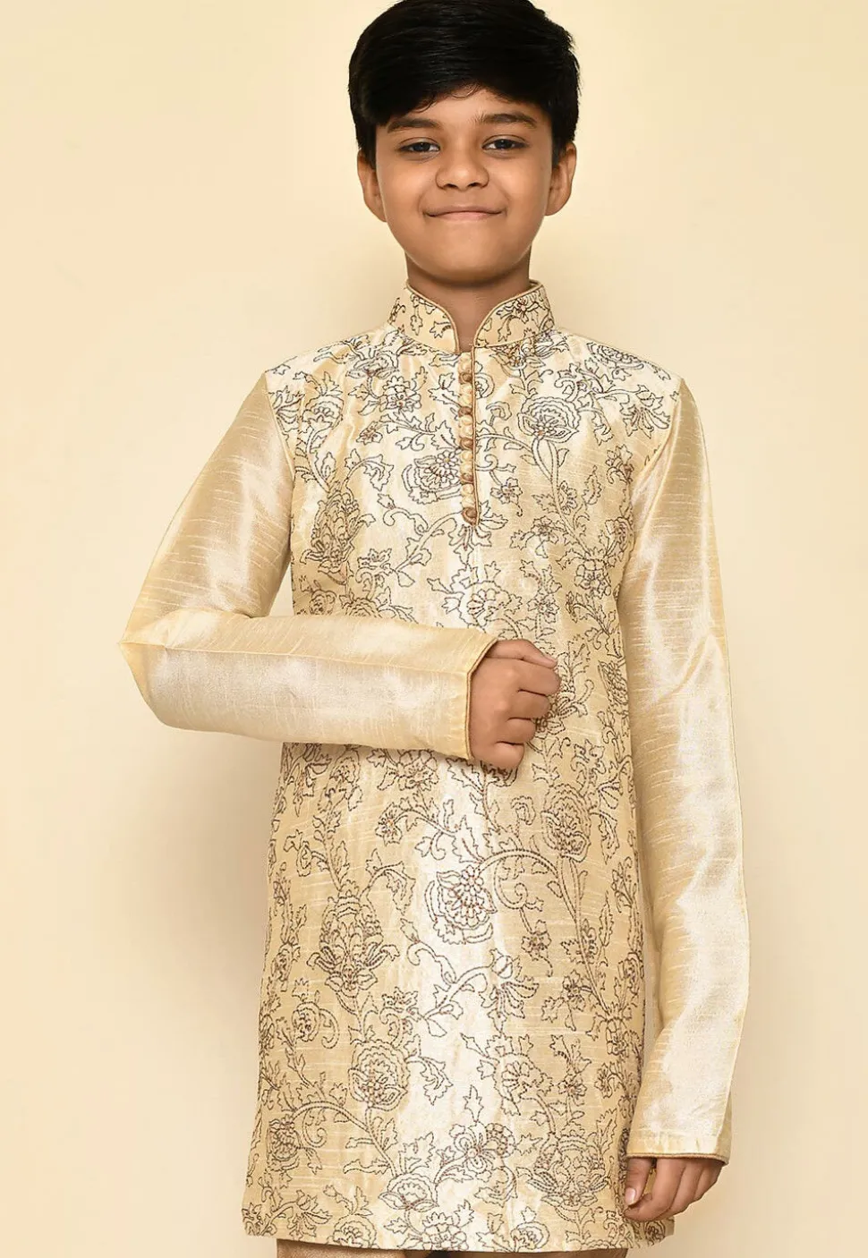 Embroidered Dupion Silk Kurta in Light Beige