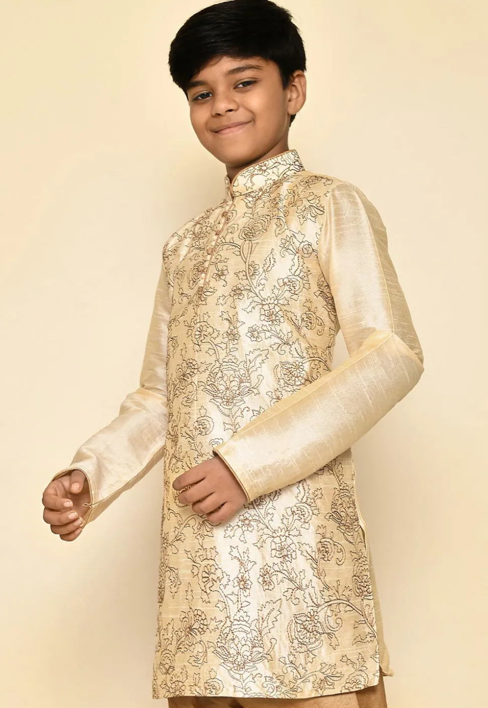 Embroidered Dupion Silk Kurta in Light Beige