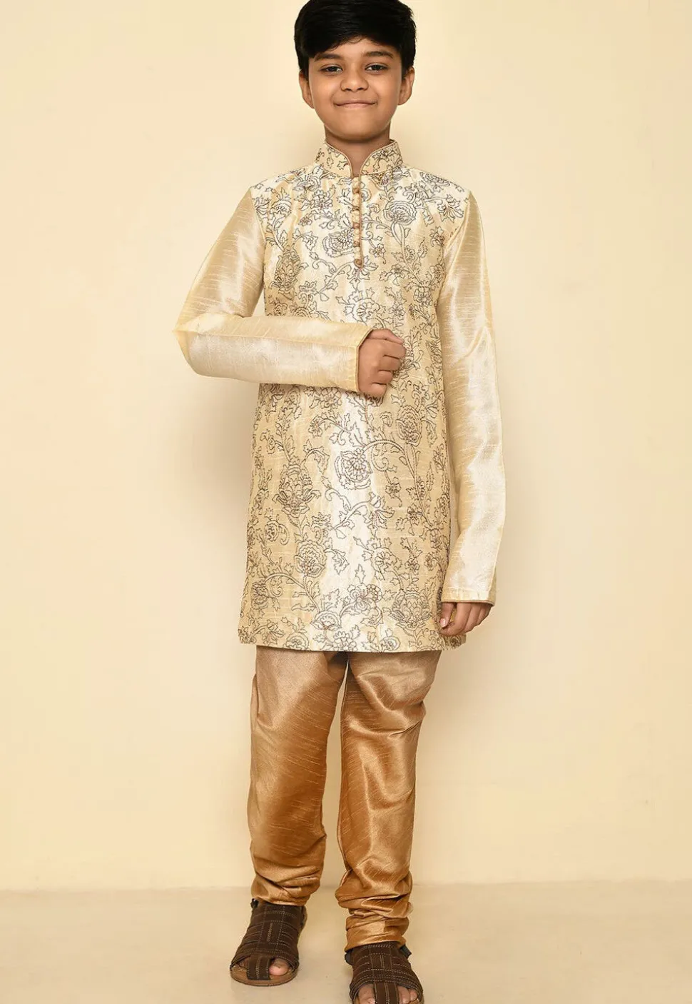 Embroidered Dupion Silk Kurta in Light Beige