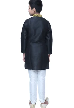 Embroidered Dupion Silk Kurta Set in Black