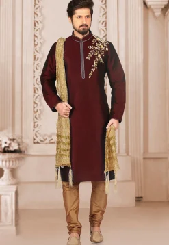 Embroidered Dupion Silk Kurta Set in Maroon