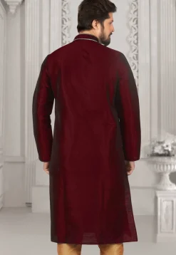 Embroidered Dupion Silk Kurta Set in Maroon