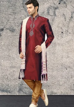 Embroidered Dupion Silk Kurta Set in Maroon