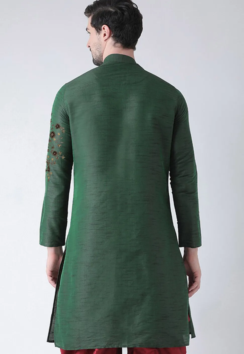 Embroidered Dupion Silk Kurta in Dark Green