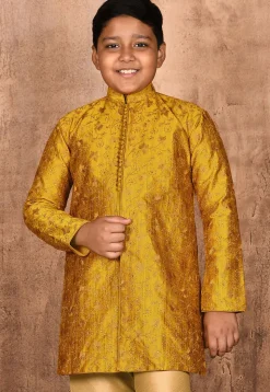 Embroidered Dupion Silk Kurta in Mustard