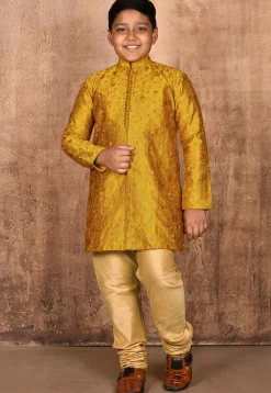 Embroidered Dupion Silk Kurta in Mustard