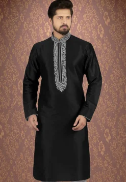 Embroidered Dupion Silk Kurta in Black