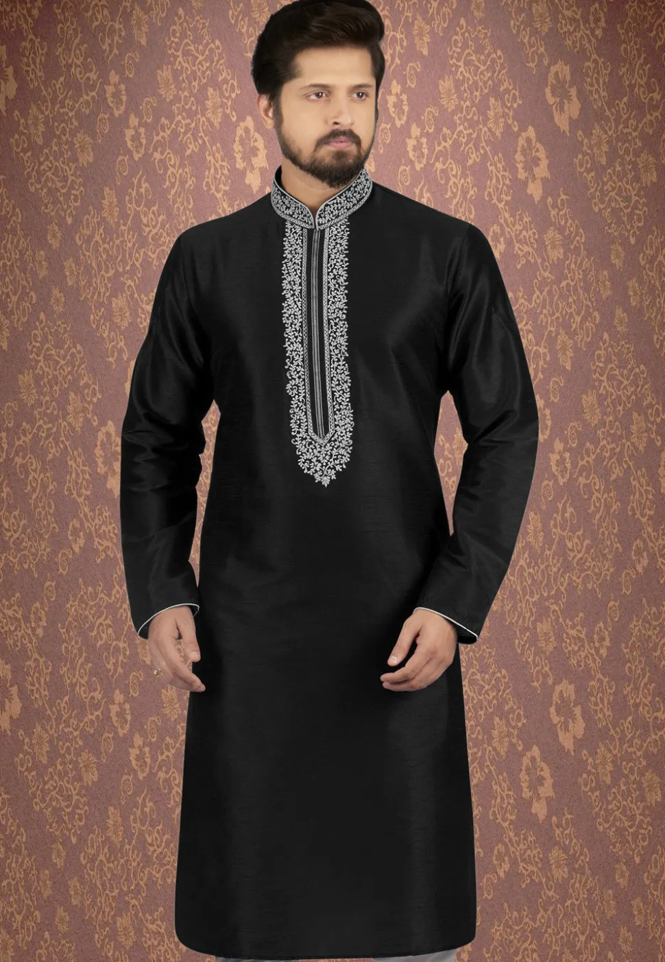 Embroidered Dupion Silk Kurta in Black