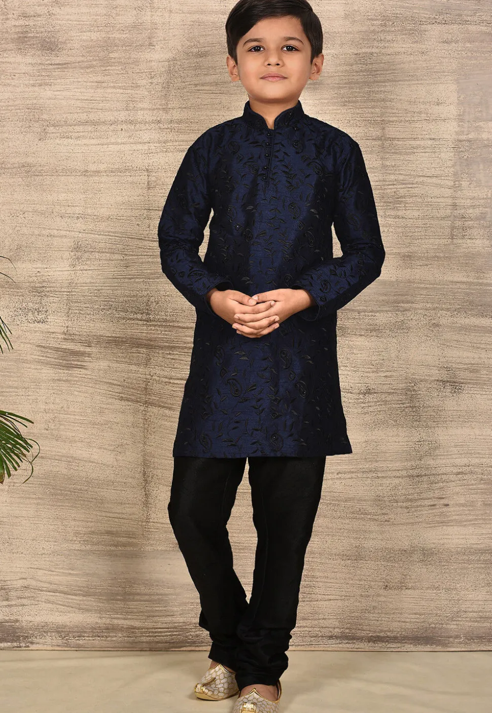 Embroidered Dupion Silk Kurta Set in Navy Blue