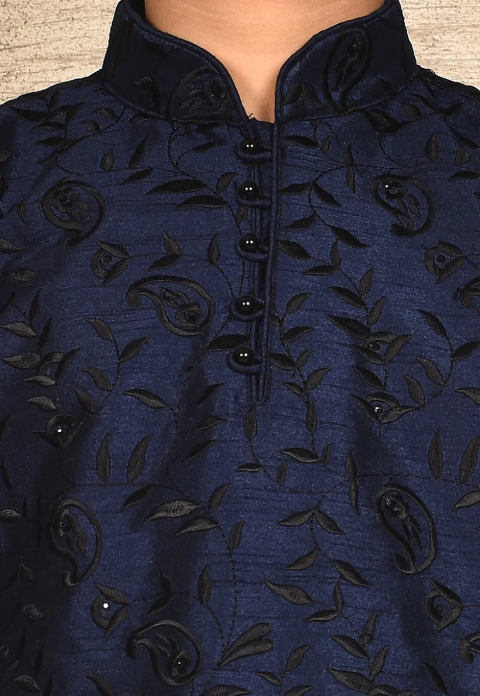 Embroidered Dupion Silk Kurta Set in Navy Blue