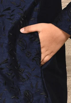 Embroidered Dupion Silk Kurta Set in Navy Blue