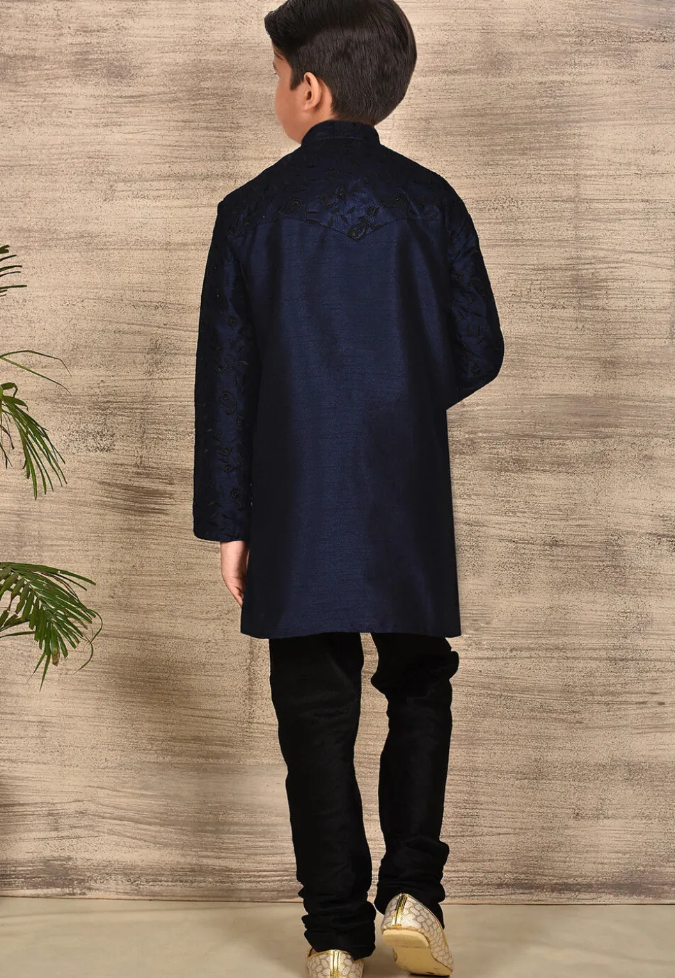 Embroidered Dupion Silk Kurta Set in Navy Blue