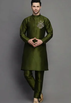 Embroidered Dupion Silk Kurta Set in Dark Olive Green