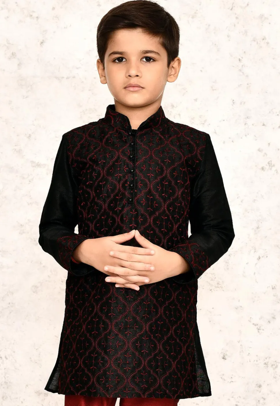 Embroidered Dupion Silk Kurta in Black