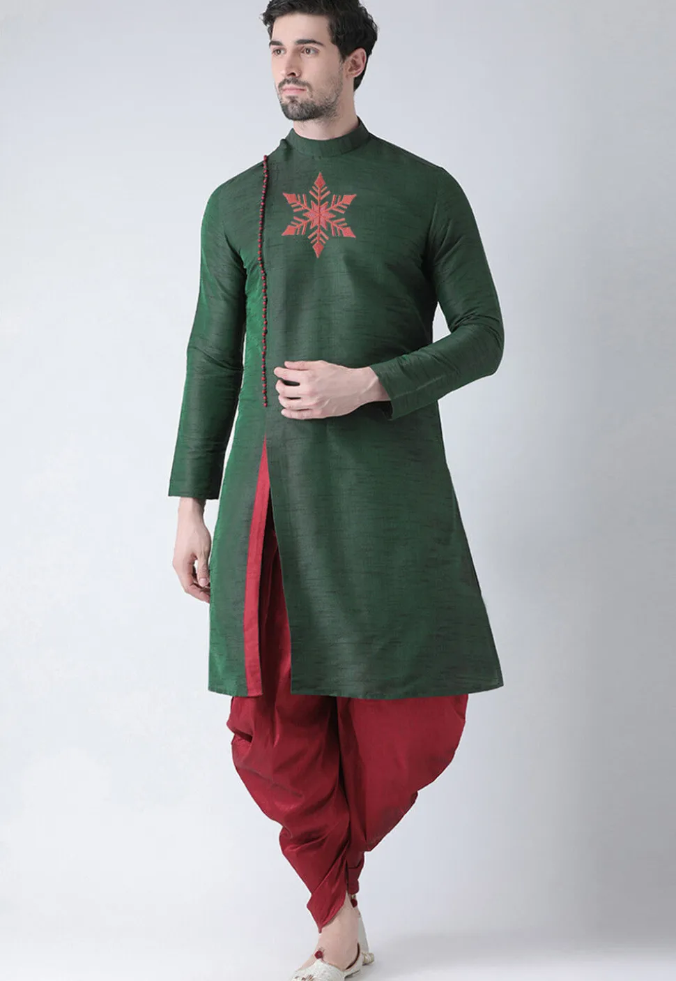 Embroidered Dupion Silk Kurta Set in Dark Green