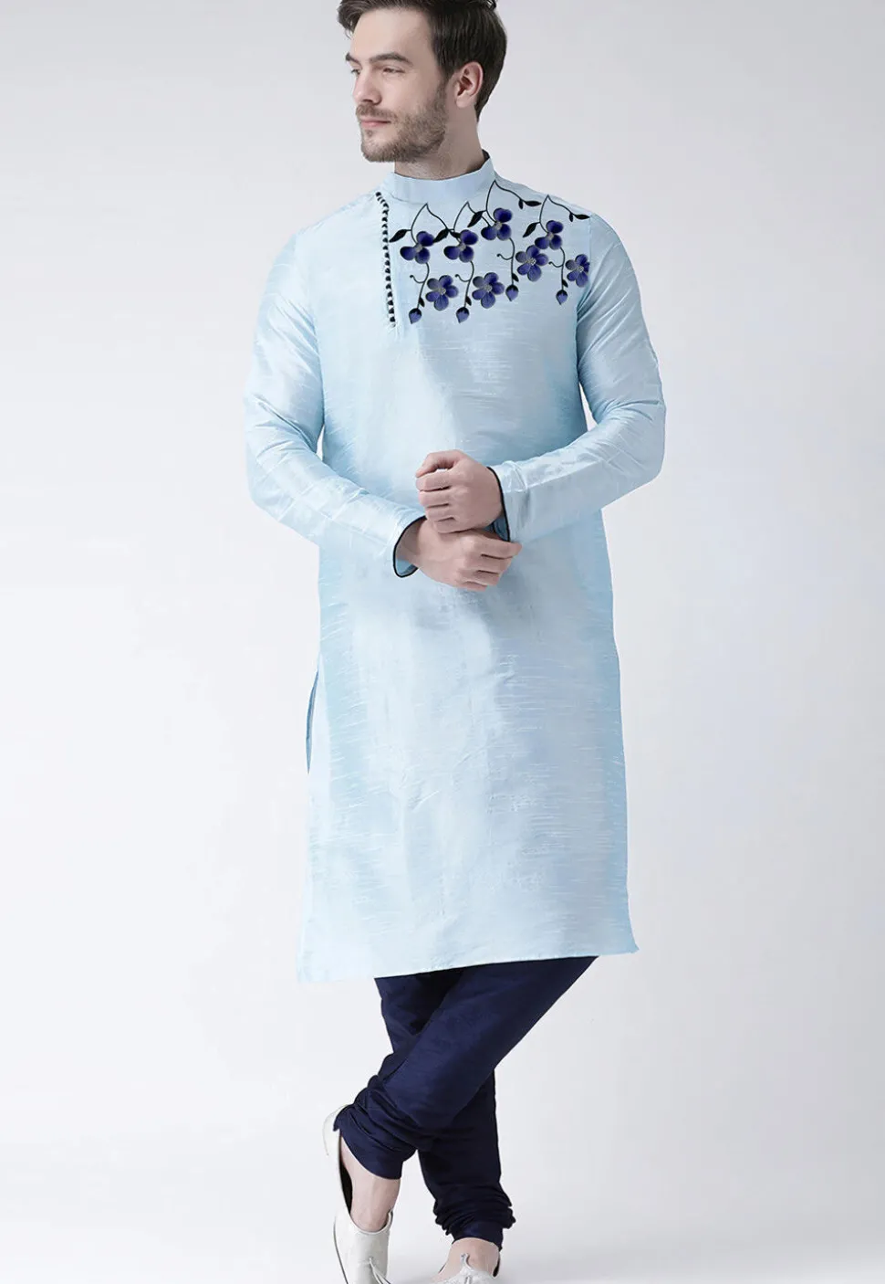 Embroidered Dupion Silk Kurta Set in Light Blue