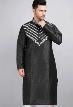 Embroidered Dupion Silk Kurta in Black