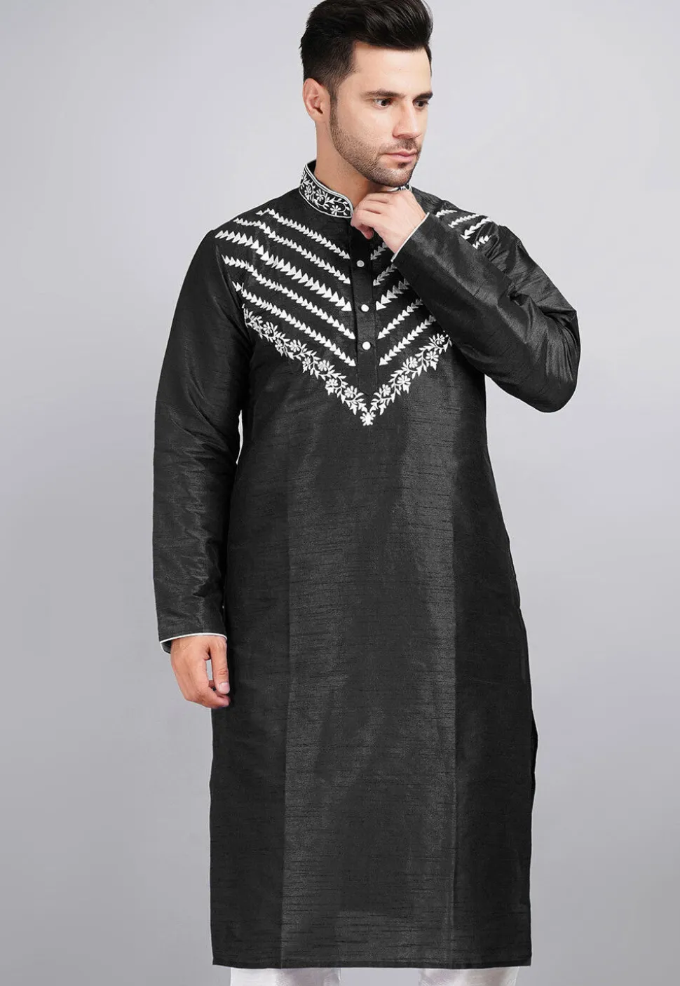 Embroidered Dupion Silk Kurta in Black