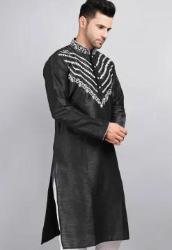 Embroidered Dupion Silk Kurta in Black