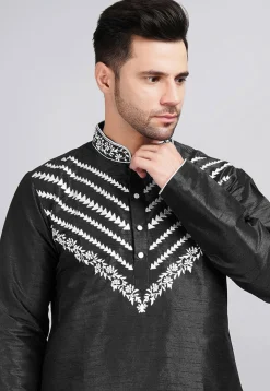 Embroidered Dupion Silk Kurta in Black