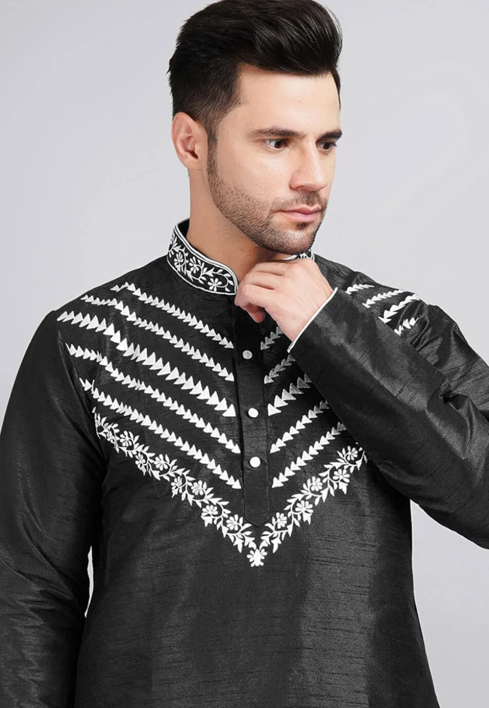 Embroidered Dupion Silk Kurta in Black