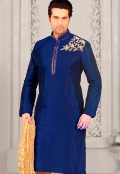 Embroidered Dupion Silk Kurta in Royal Blue