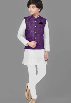Embroidered Dupion Silk Kurta Set in Off White and Purple