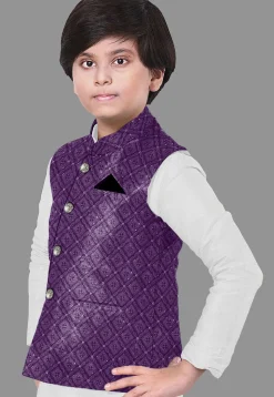 Embroidered Dupion Silk Kurta Set in Off White and Purple