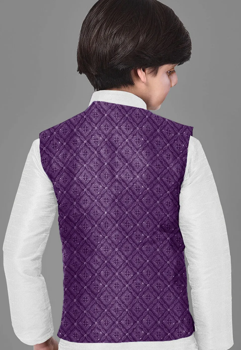 Embroidered Dupion Silk Kurta Set in Off White and Purple
