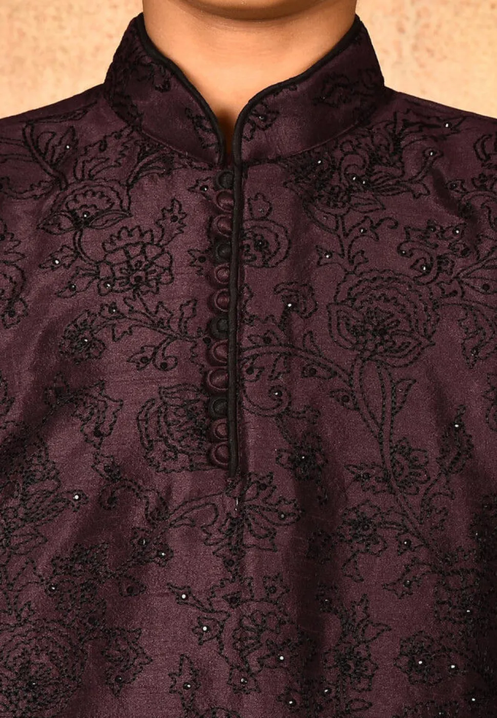 Embroidered Dupion Silk Kurta in Wine