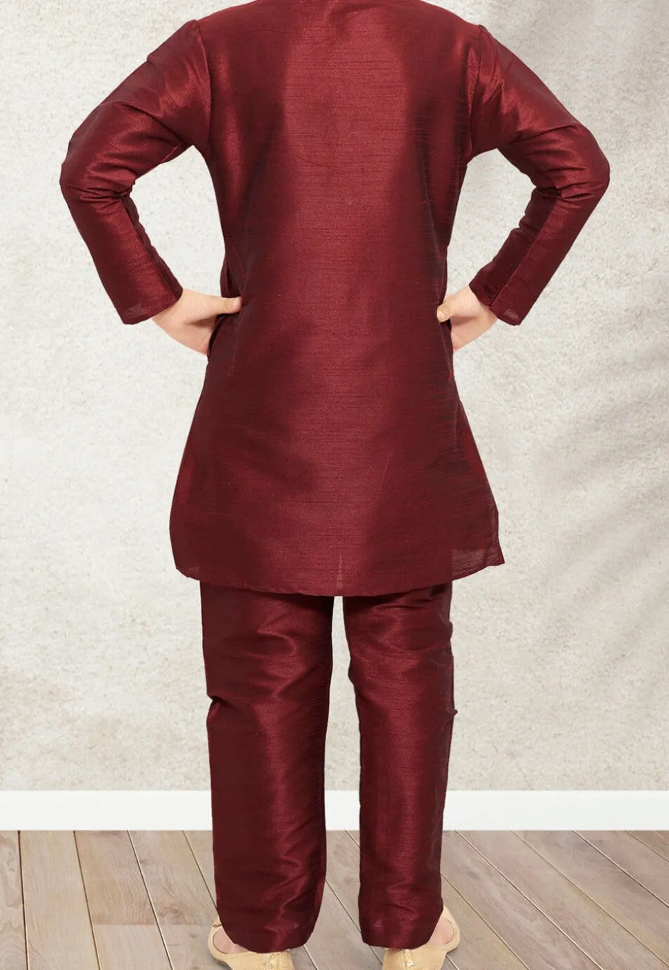 Embroidered Dupion Silk Kurta Set in Maroon
