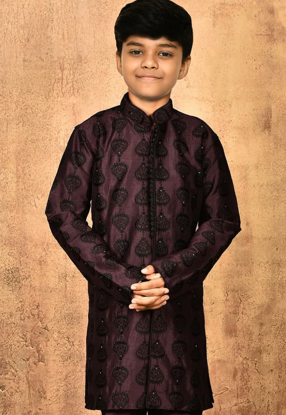 Embroidered Dupion Silk Kurta in Wine