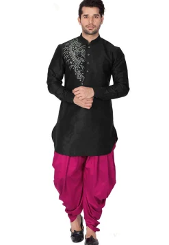 Embroidered Dupion Silk Kurta Set in Black