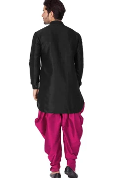 Embroidered Dupion Silk Kurta Set in Black