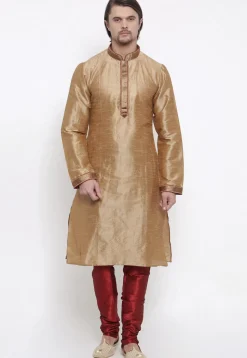Embroidered Dupion Silk Kurta Set in Beige