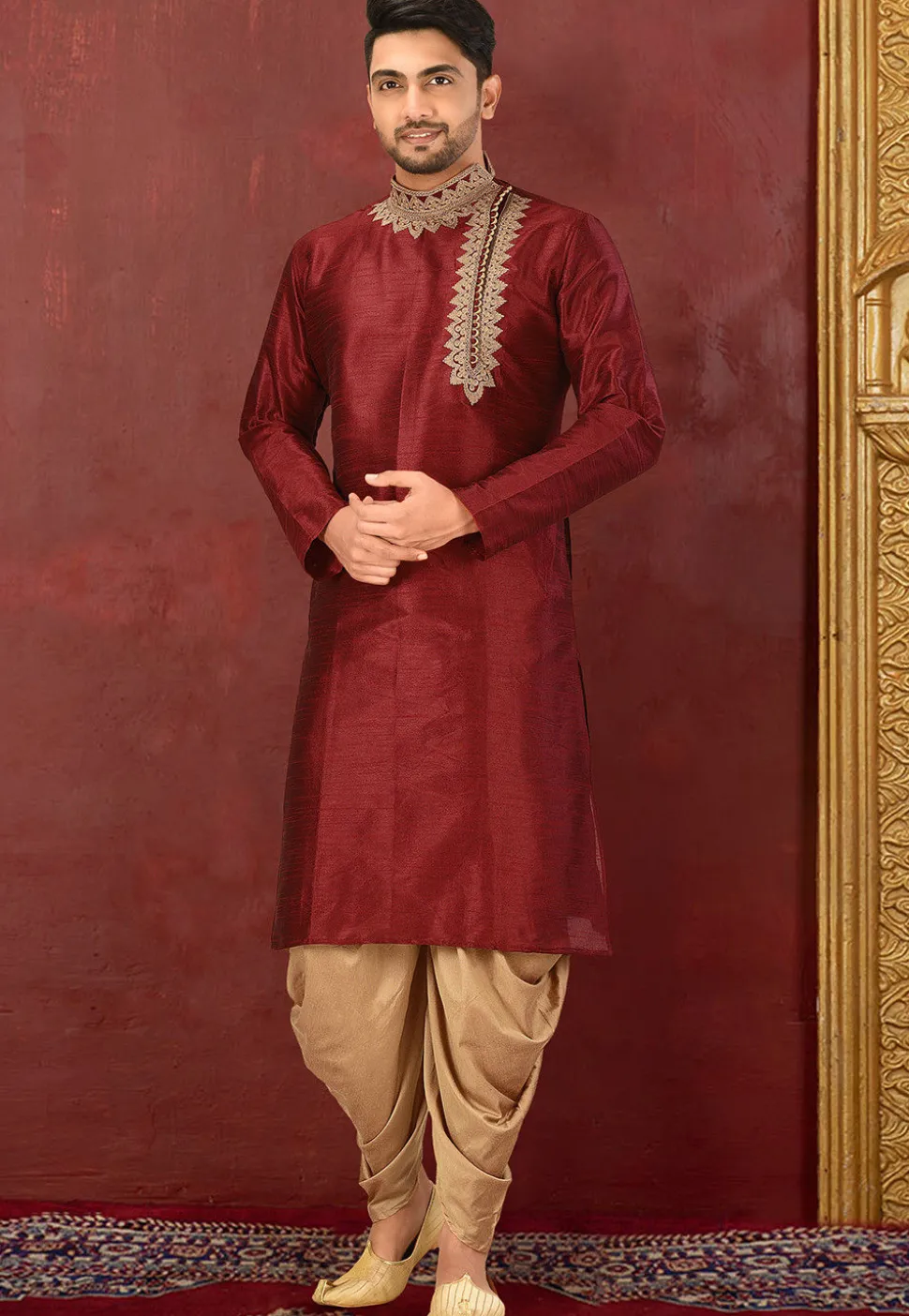 Embroidered Dupion Silk Kurta in Maroon