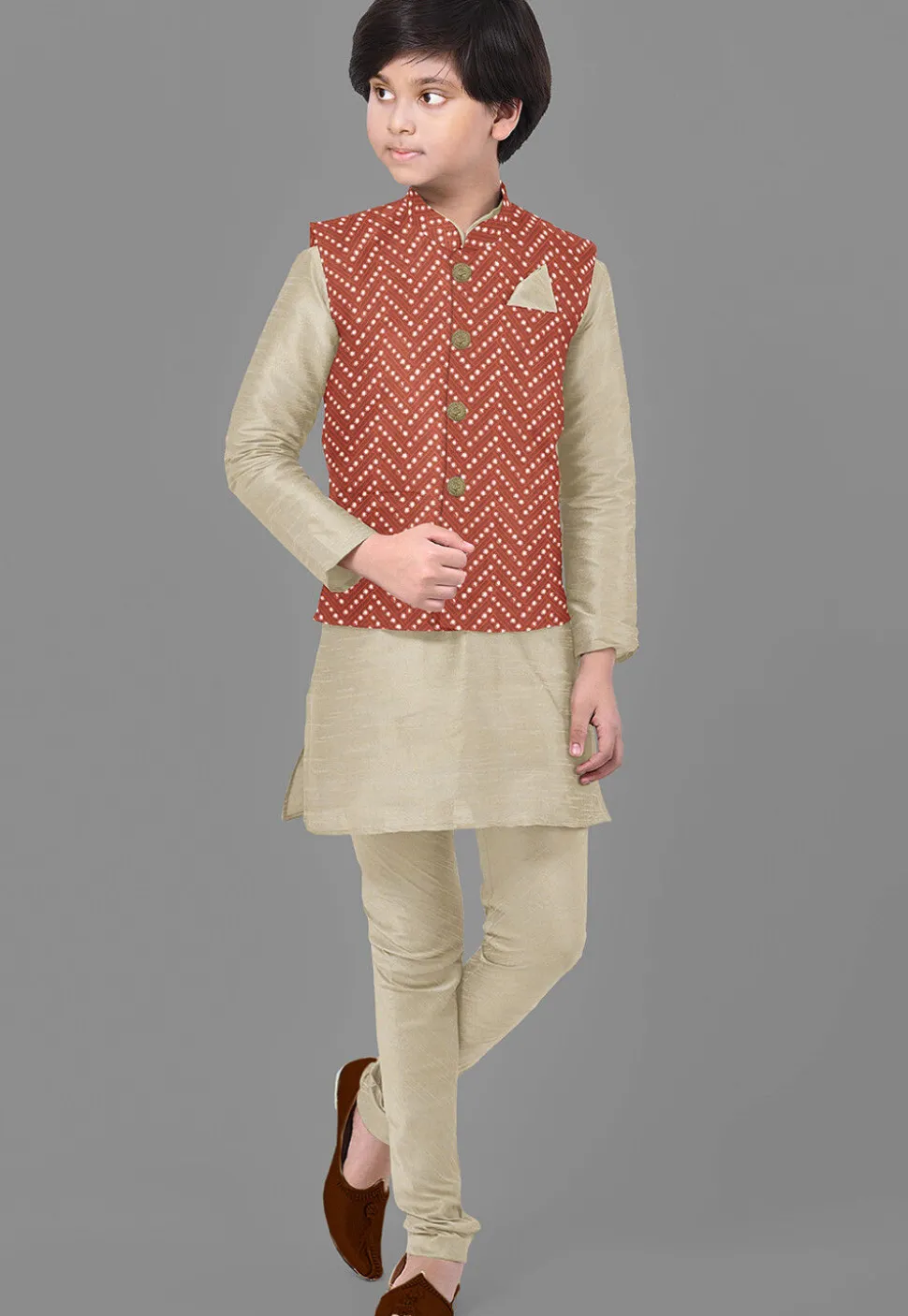 Embroidered Dupion Silk Kurta Set in Beige